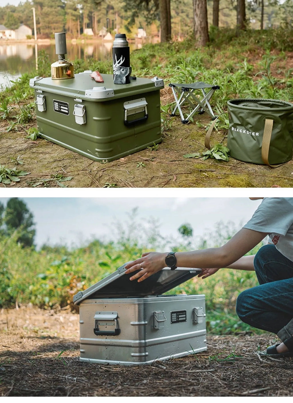 Field green aluminium alloy storage box for camping equipment with 58cm dimensions