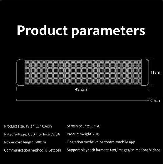 Black flexible LED screen for car rear windscreen with USB cable and Bluetooth control.