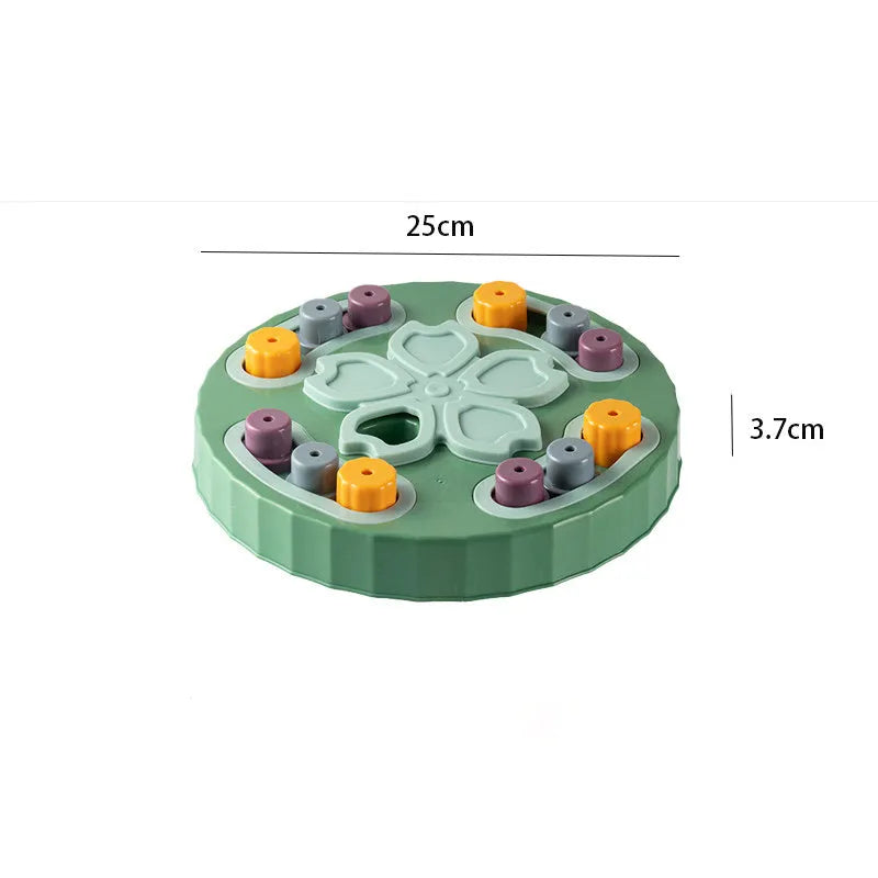 Blue interactive dog feeding toy with slow food plate design for educational mealtime enrichment