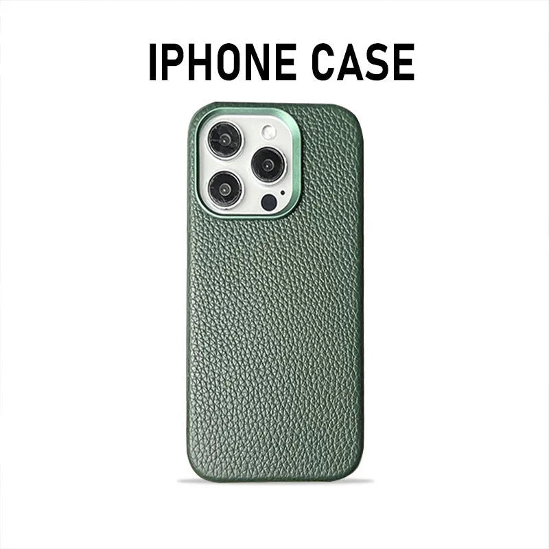 Plain leather magnetic phone case with lychee pattern in dark green, drop-resistant protective cover for iPhone