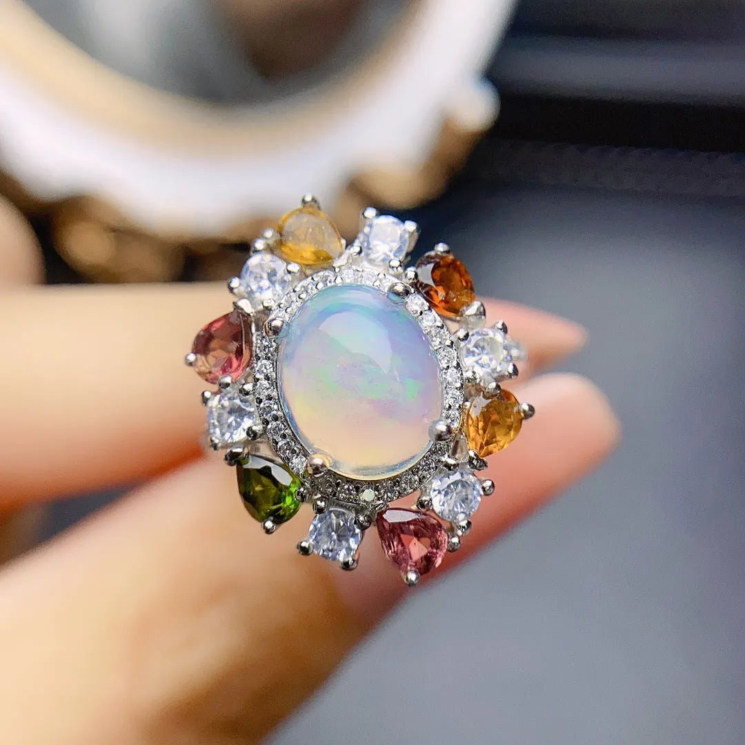 S925 silver ring with opal inlay and adjustable opening, women's fashionable OL design