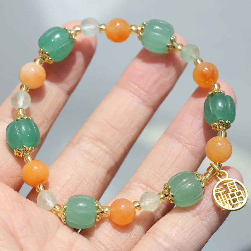 Chinese style Duobao pumpkin bracelet in Jinsi Jade with prehnite bead for women's 14-16.5cm wrist