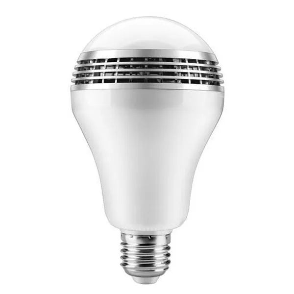 Creative Home E27 smart LED bulb with integrated Bluetooth speaker, showing RGB colour changing ability.