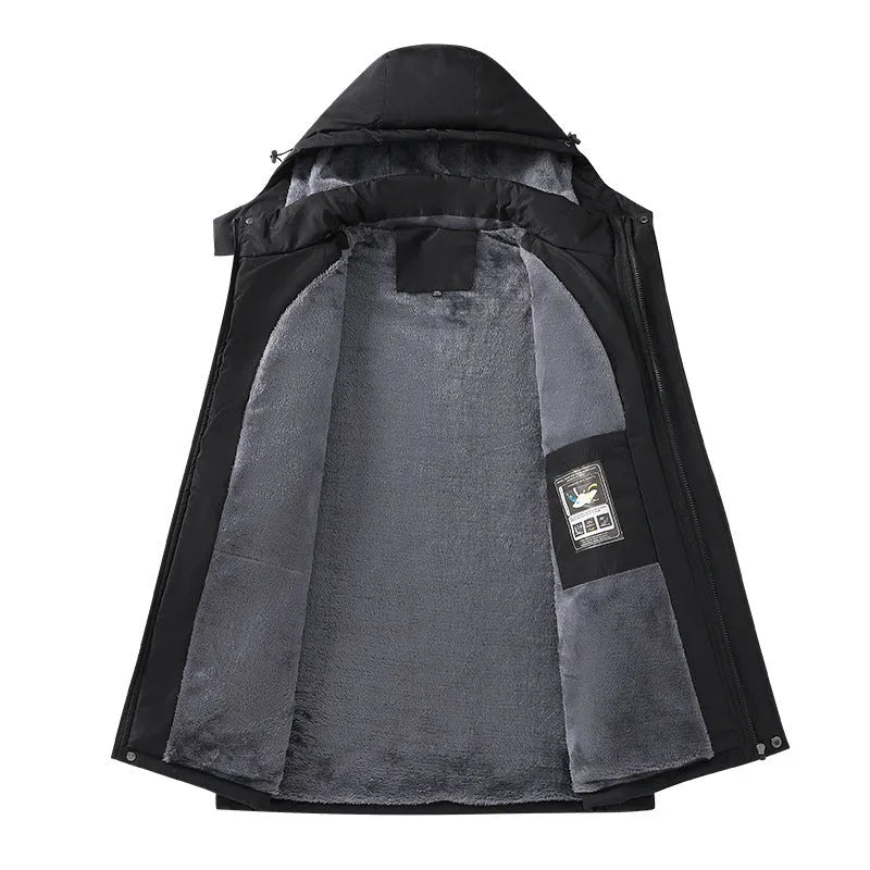 Men's waterproof loose fit hooded coat in plus sizes with army green, black, dark grey, and white colour options
