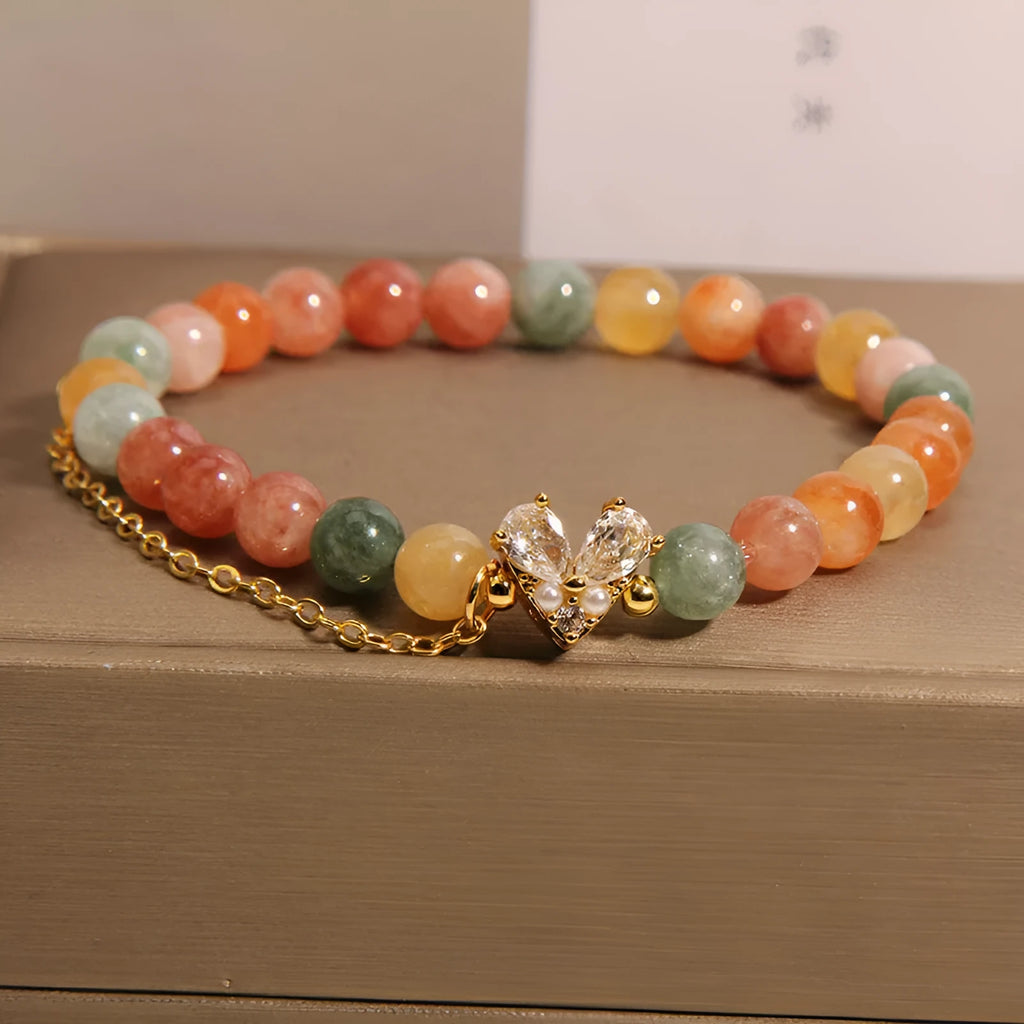 Fu Lu Shou crystal bracelet with three V-shaped zircon charms on silver-tone chain