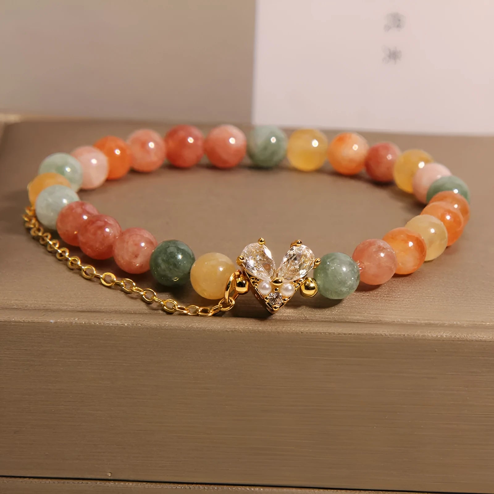 Fu Lu Shou crystal bracelet with three V-shaped zircon charms on silver-tone chain