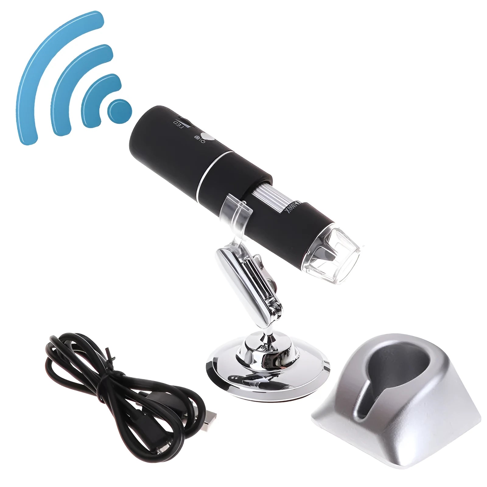 Black microscope magnifier camera phone with 1000x zoom and LED lights showing a sample on a phone screen
