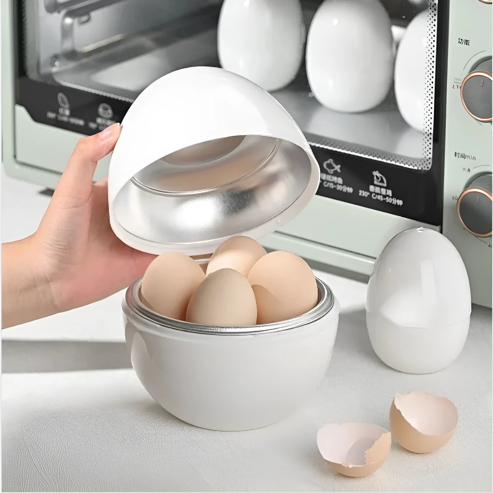 White microwave egg steamer boiler cooker with capacity for four eggs