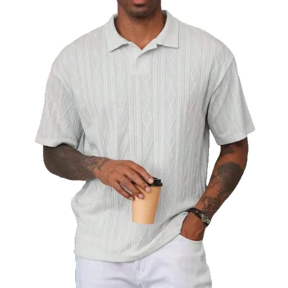 Retro button lapel short sleeve t-shirt in a cotton blend fabric, shown in army green colour
