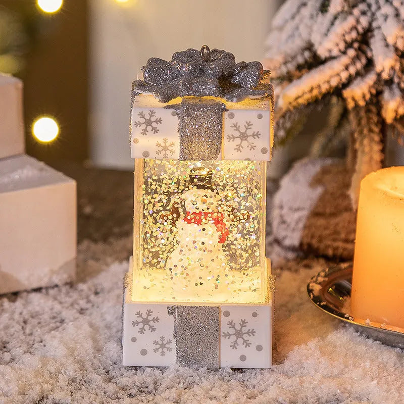 Christmas crystal ball gift box light in plastic, cartoon style, 5.5 x 5.5 x 11.5 cm, white snowman design