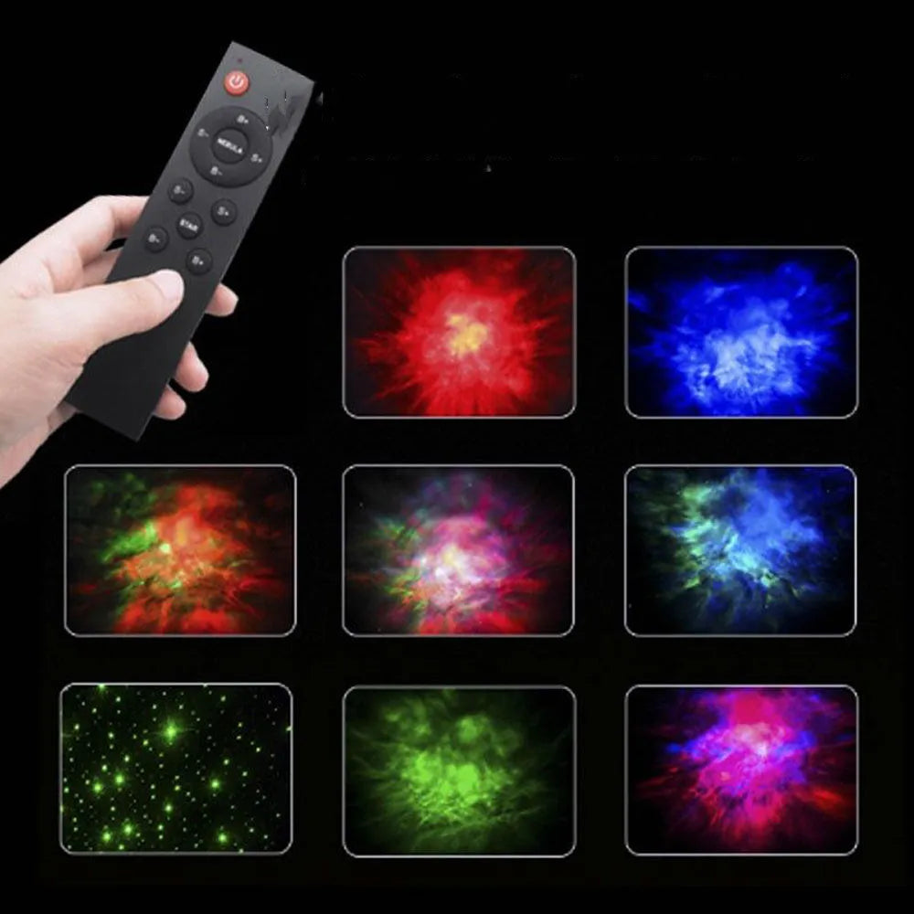 Creative astronaut galaxy starry sky projector nightlight on a table with nebula and star effects displayed against a dark background