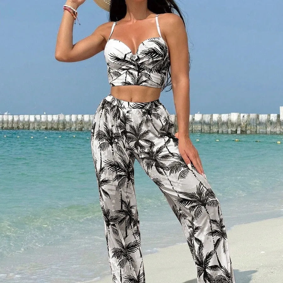Women's bikini three-piece suit with printed pattern, available in black, blue, and emerald green colours