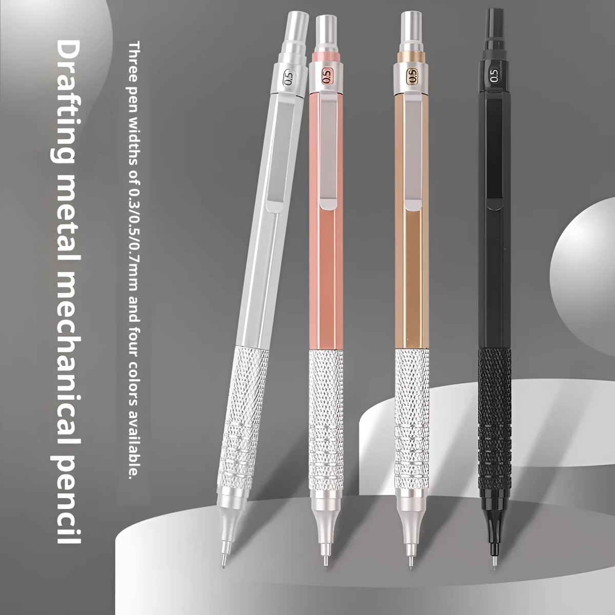 Metal propelling pencil with low centre of gravity in rose gold finish, 0.5mm lead size