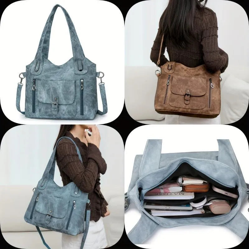Soft synthetic leather vintage handbag with metal elements, available in blue, brown, khaki, beige, black, gray, and light blue.