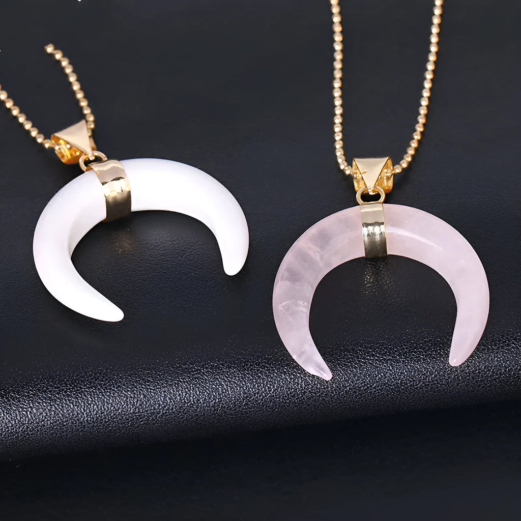 Crystal moon pendant necklace with natural stone on electroplated copper chain in pink or purple colour options