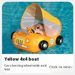 Pink children's inflatable swimming ring with mini steering wheel and sports car boat cartoon design