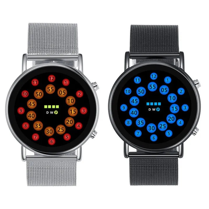 LED Ball electronic watch with round dial and stainless steel mesh strap on wrist