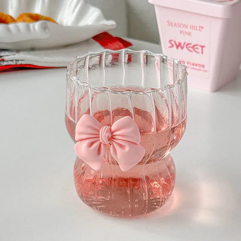 Pink bow borosilicate glass coffee cup 350ml heat resistant home use