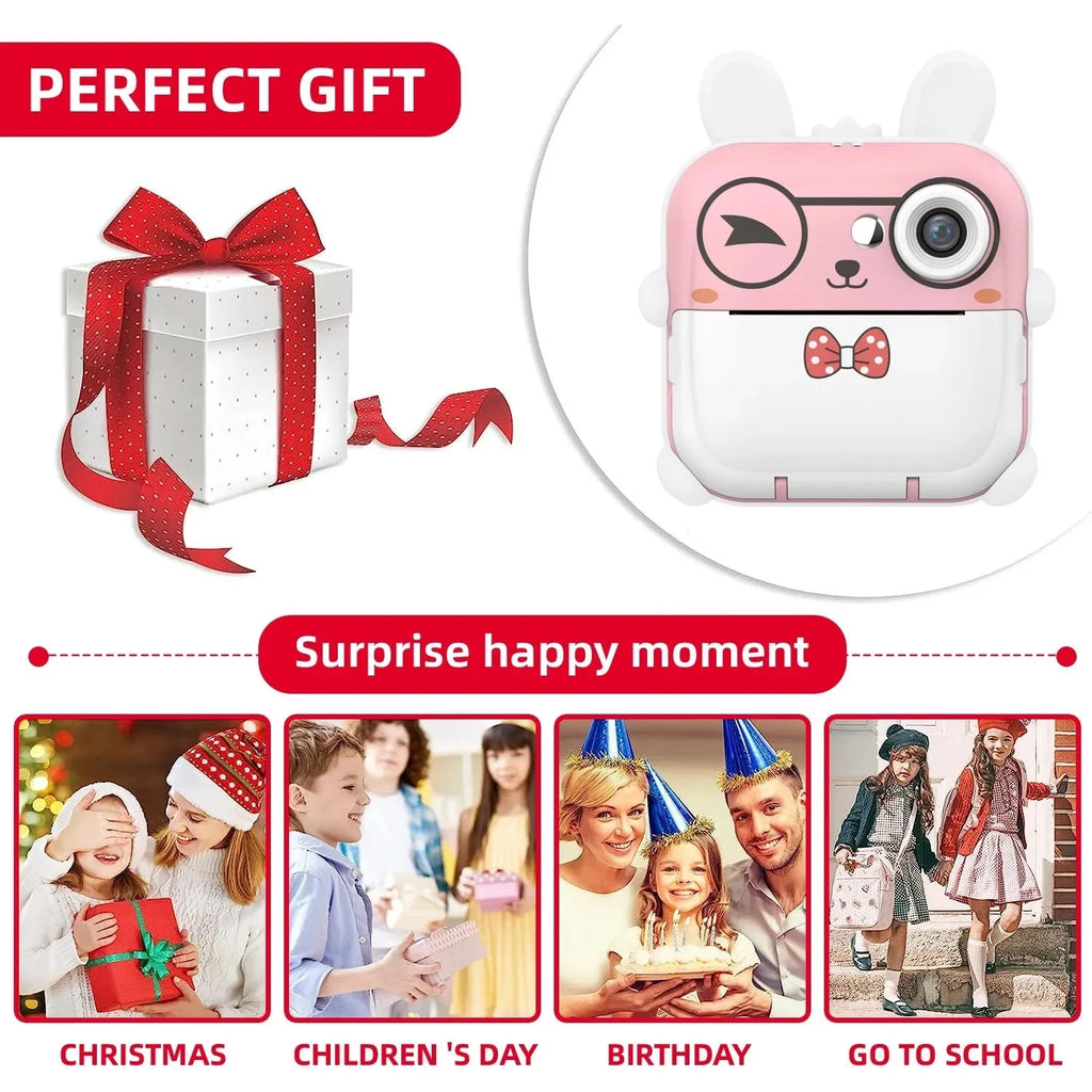 Q5 Polaroid children's digital cartoon camera in pink rabbit design with lanyard on a white background