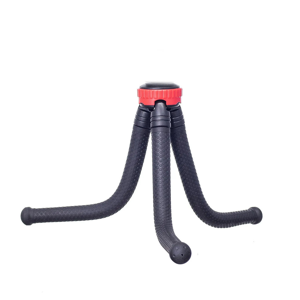 Black flexible octopus tripod with wrapped legs and spherical gimbal head for mounting a smartphone