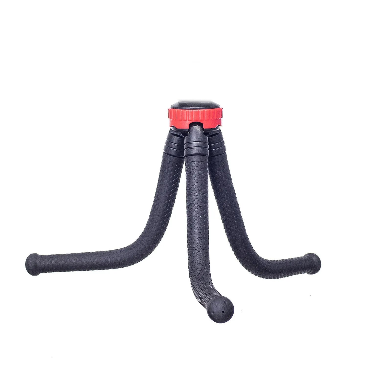 Black flexible octopus tripod with wrapped legs and spherical gimbal head for mounting a smartphone