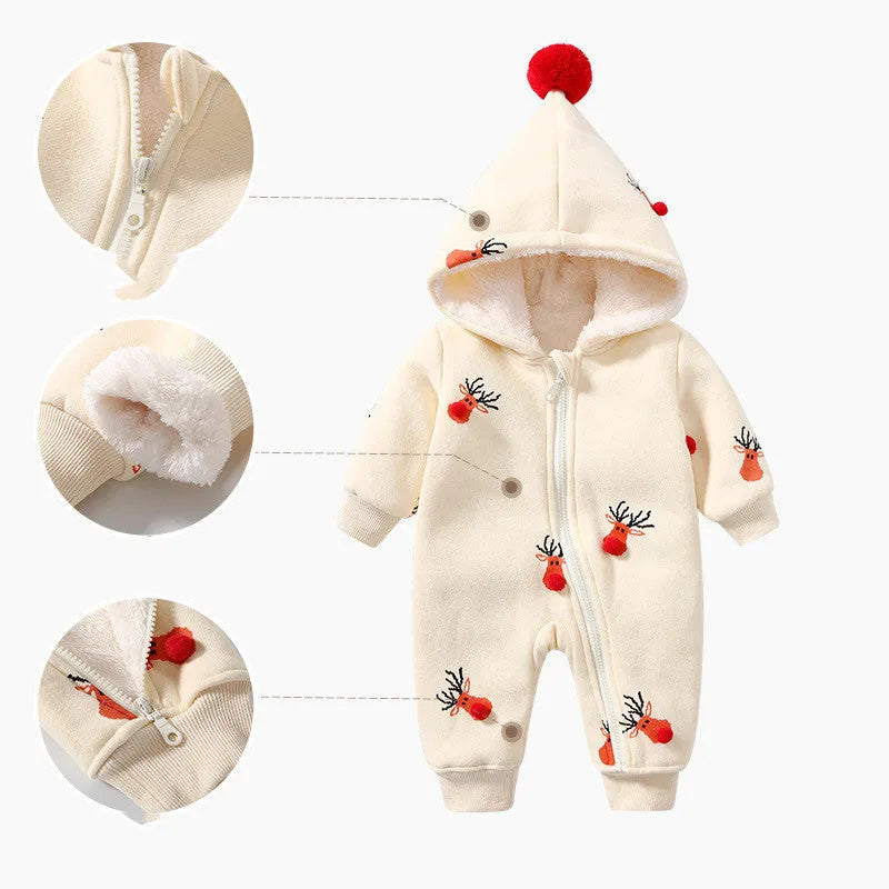 Khaki padded baby crawling clothes with Christmas moose pattern, Korean style one-piece romper