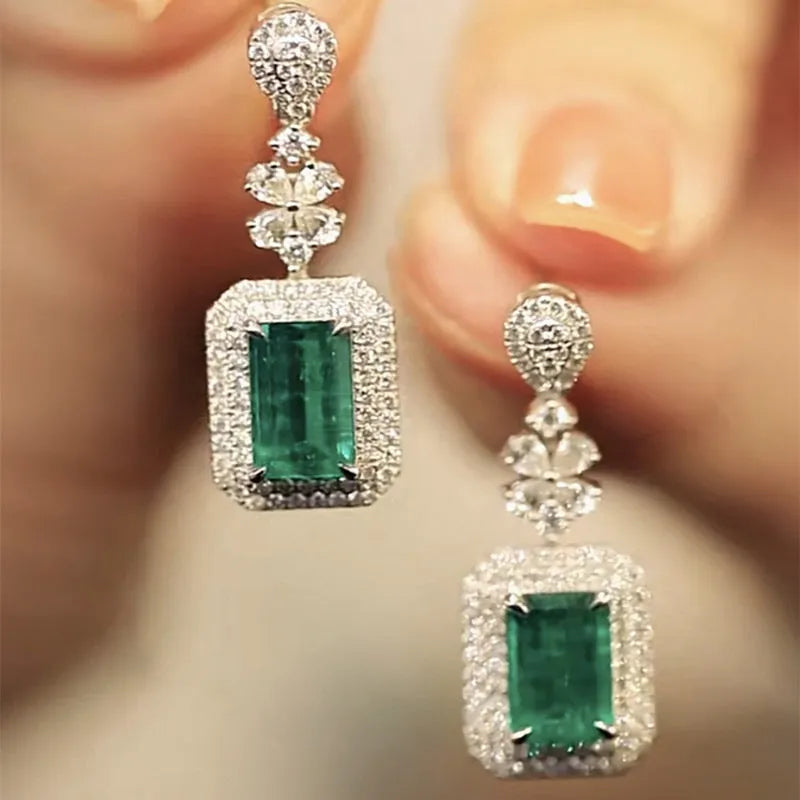 Green square bright zircon earrings with copper flower and geometric drop design for formal wear