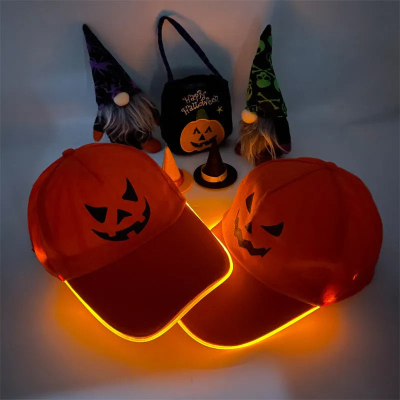 Halloween LED light-up cloth baseball cap showing pumpkin smile yellow light design