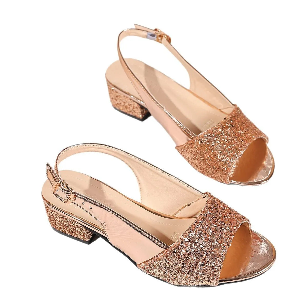 Open toe sandals with buckle fastening in gold or silver metallic colours