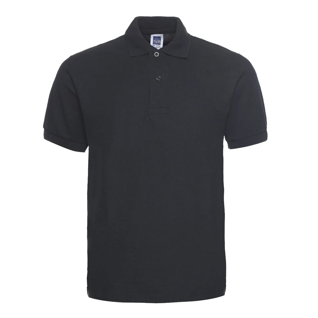 Men's solid colour short sleeve polo shirt on a hanger, showing loose fit and cotton blend fabric.