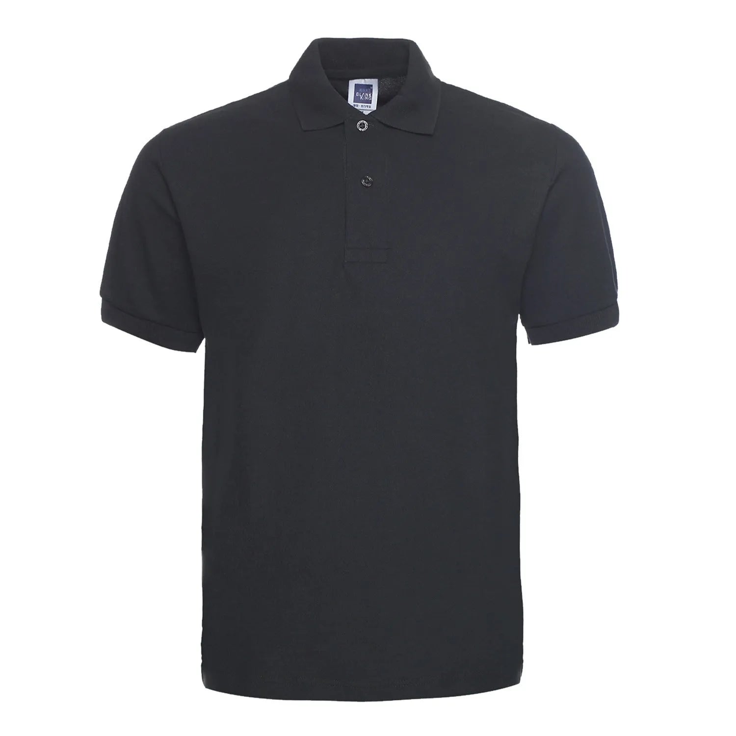 Men's solid colour short sleeve polo shirt on a hanger, showing loose fit and cotton blend fabric.