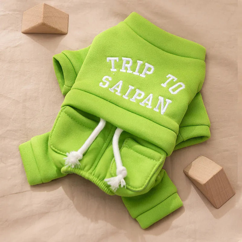 Four-legged thin fleece pet hoodie for small and medium dogs in green