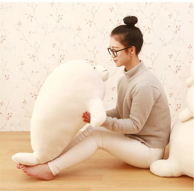 White sea lion plush toy with short plush fabric and PP cotton filling on display