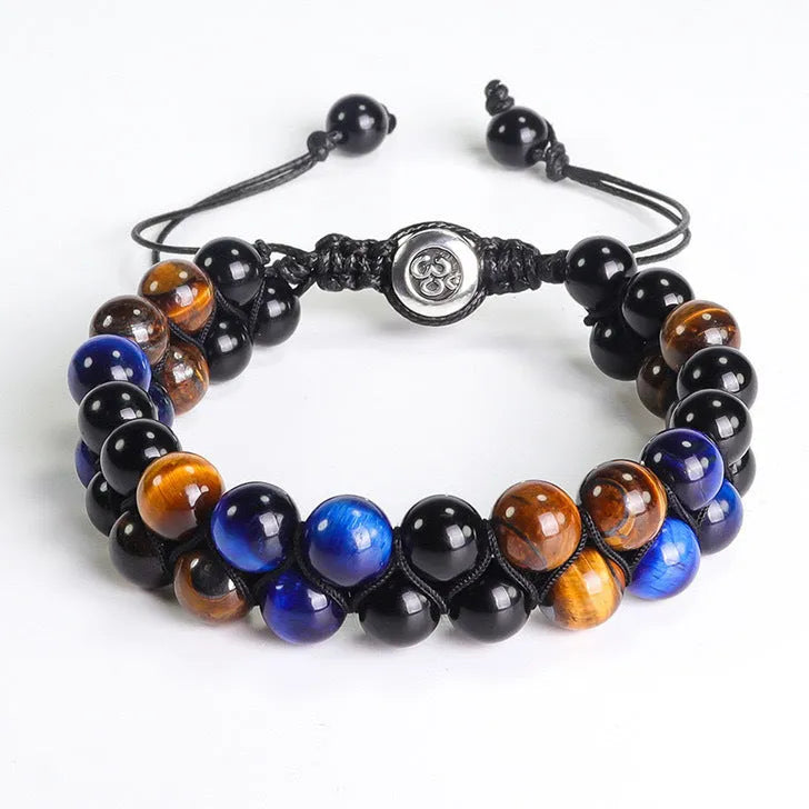 Men's handmade double-layer woven tiger eye bracelet with geometric pattern