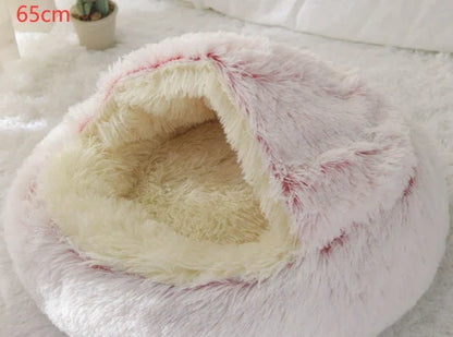 A soft, plush pet bed in various colors, including olive green, brown, pink, and grey, designed for the comfort and relaxation of cats and dogs.