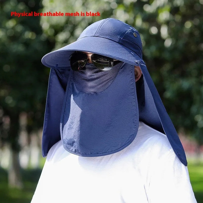 Khaki coloured sun hat with built-in USB fan and attached face covering shawl for neck protection.