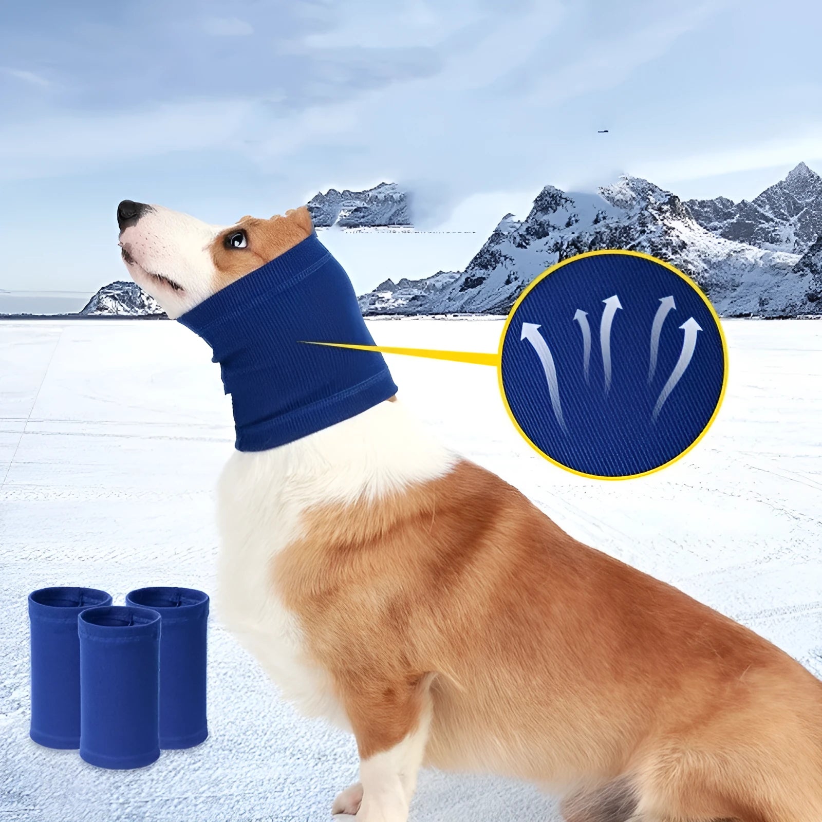 Blue polyester headband scarf for dogs shown in small, medium, and large size options