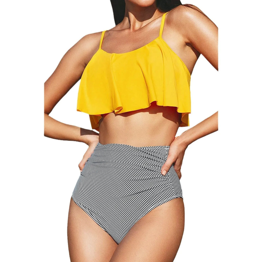 Women's striped solid colour ruffled bikini with backless design in briefs style