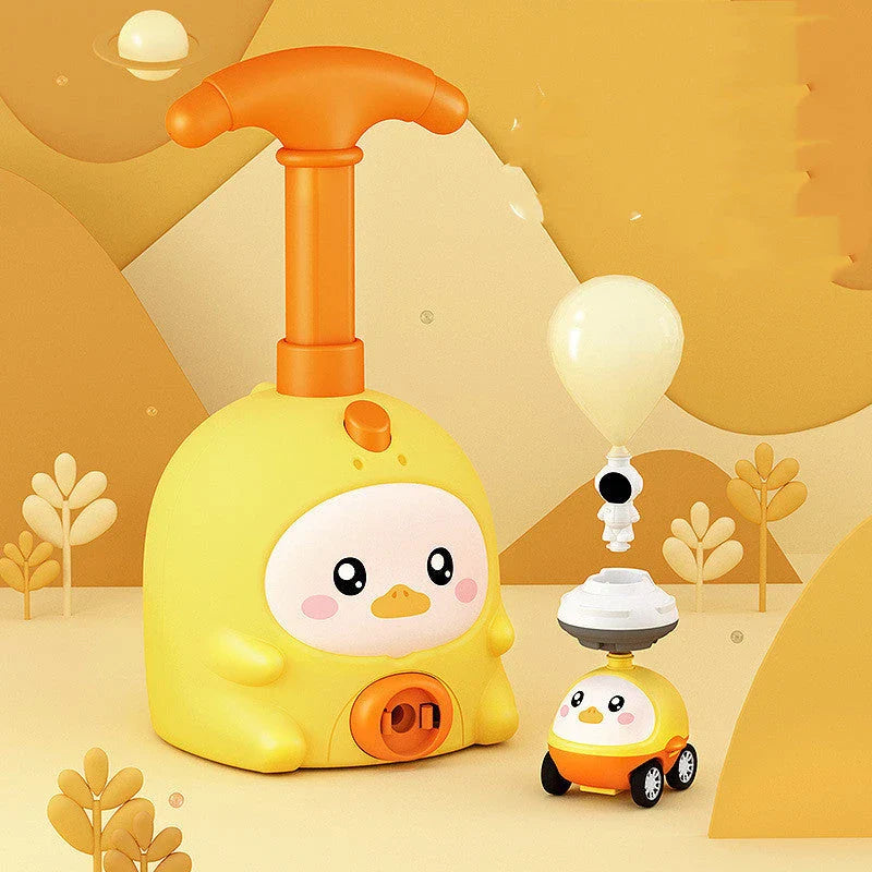 Colorful balloon-powered car toy with various animal designs, featuring a launch tower and balloons for children to propel the car using air power