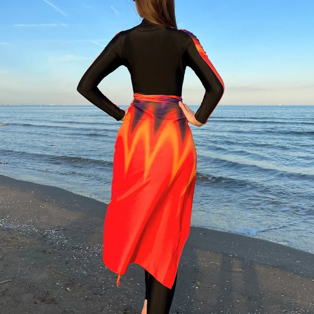 Conservative women's swimsuit three-piece set in colour 427 with traditional pattern design