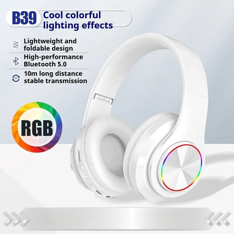 Black wireless over-ear gaming headset with breathable light on earcup.