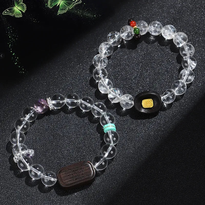 Natural white crystal ebony five bead ethnic bracelet with adjustable fastening