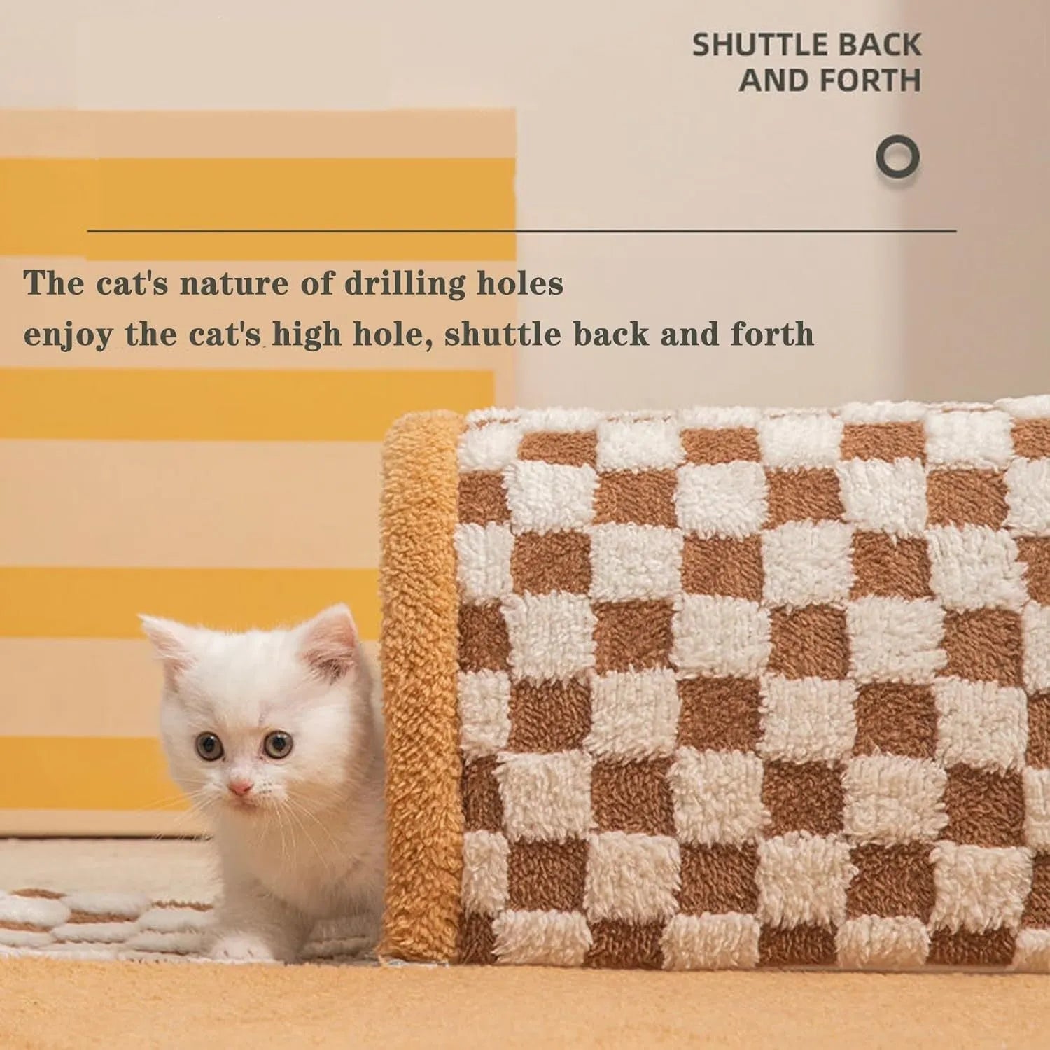 Brown plaid collapsible cat tunnel bed with central mat on a wooden floor.