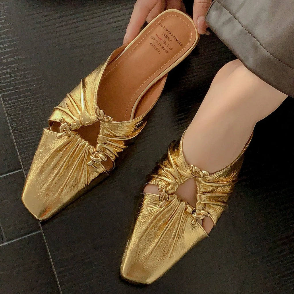 Genuine leather women's square toe slippers in beige, low heel, shown from side.