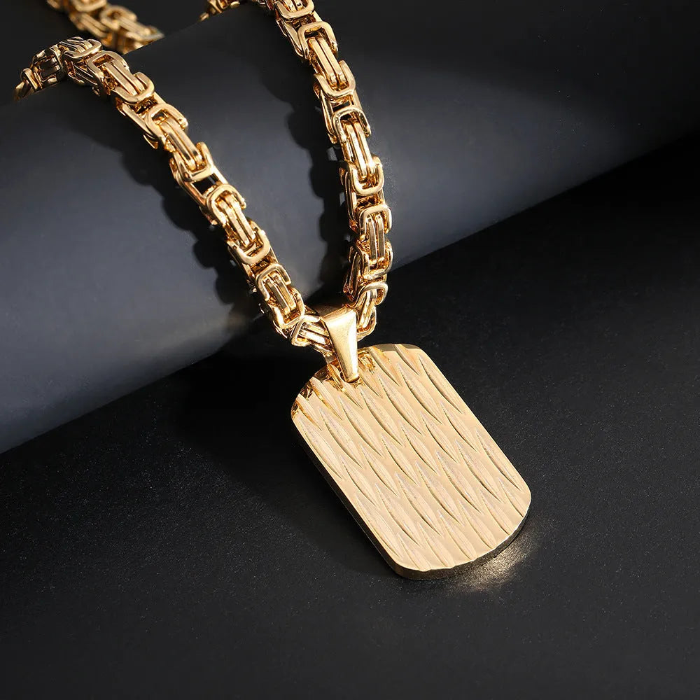Titanium steel men's necklace with water ripple pendant on Emperor Chain in gold, silver, or black finish