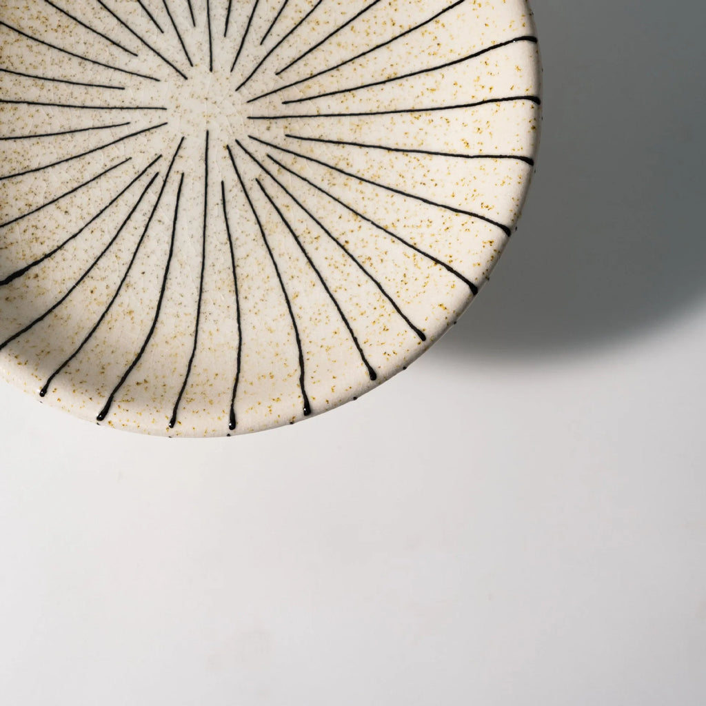 Black and white striped synthetic resin fruit plate on a plain surface.