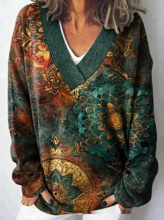 Women's V-neck sweatshirt with a printed 3D floral pattern in an art retro style.