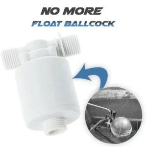 White nylon automatic float valve with threaded connection for water tank level control.
