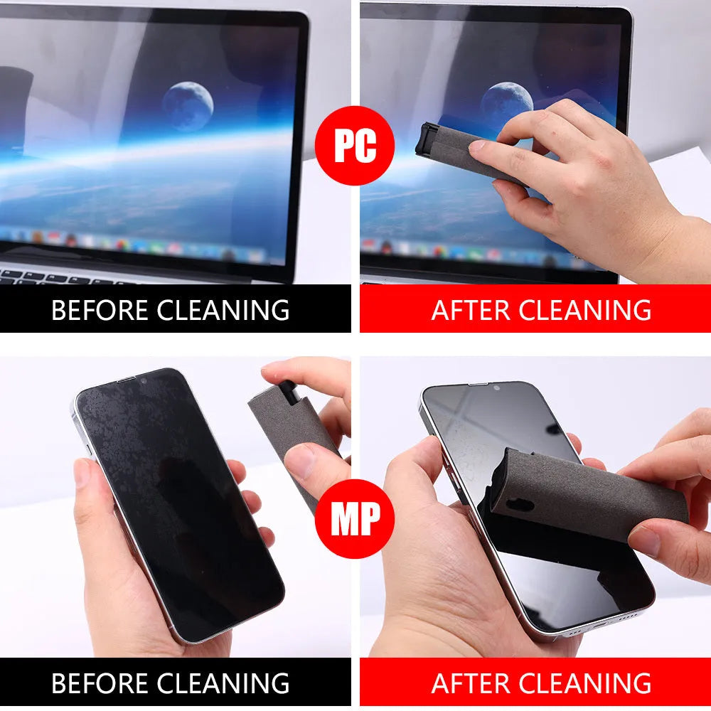 Portable all-in-one screen cleaner kit with built-in microfiber wipe and 10ml fluid bottle in a protective case.
