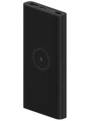 White 10000mAh power bank showing USB-C port and wireless charging symbol